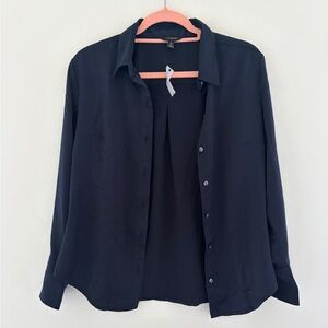 Classic Navy Satin-feel Button-Up Shirt